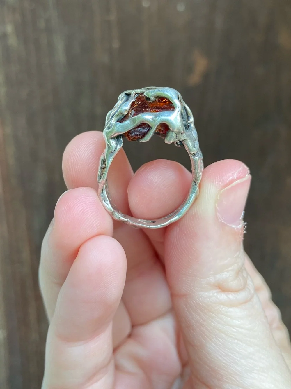 Sterling Silver Amber Brutalist Ring - Vintage